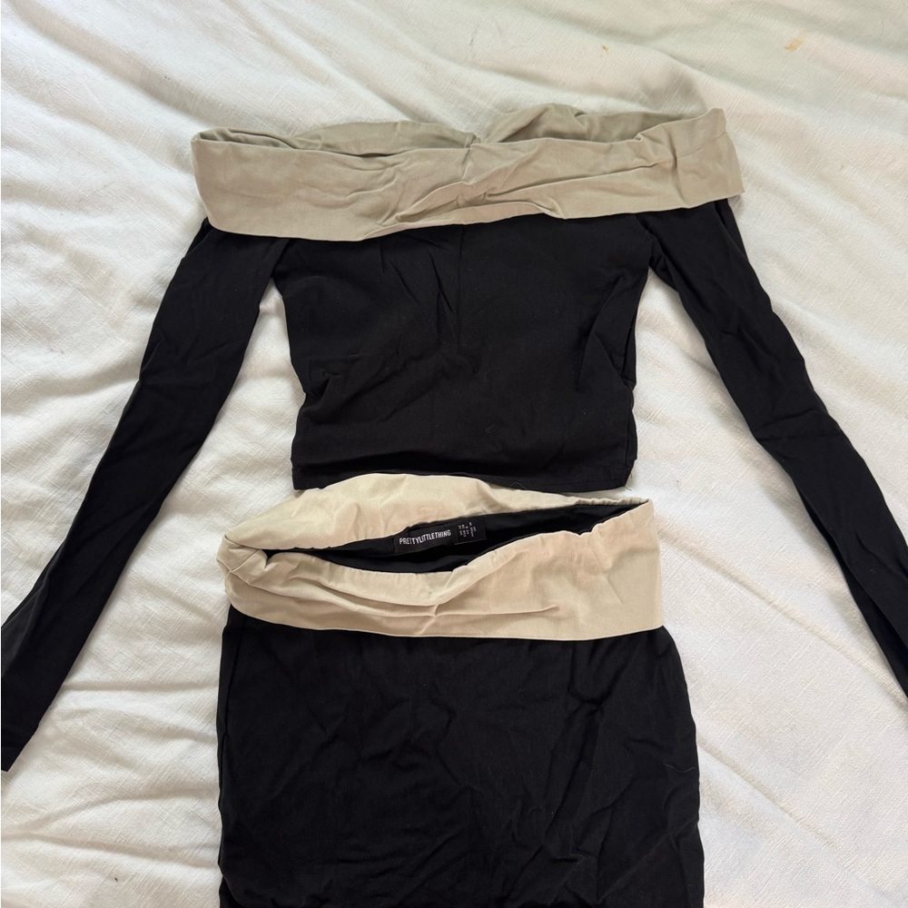 PrettyLittleThing Black and Tan Mini Skirt Set Night Out